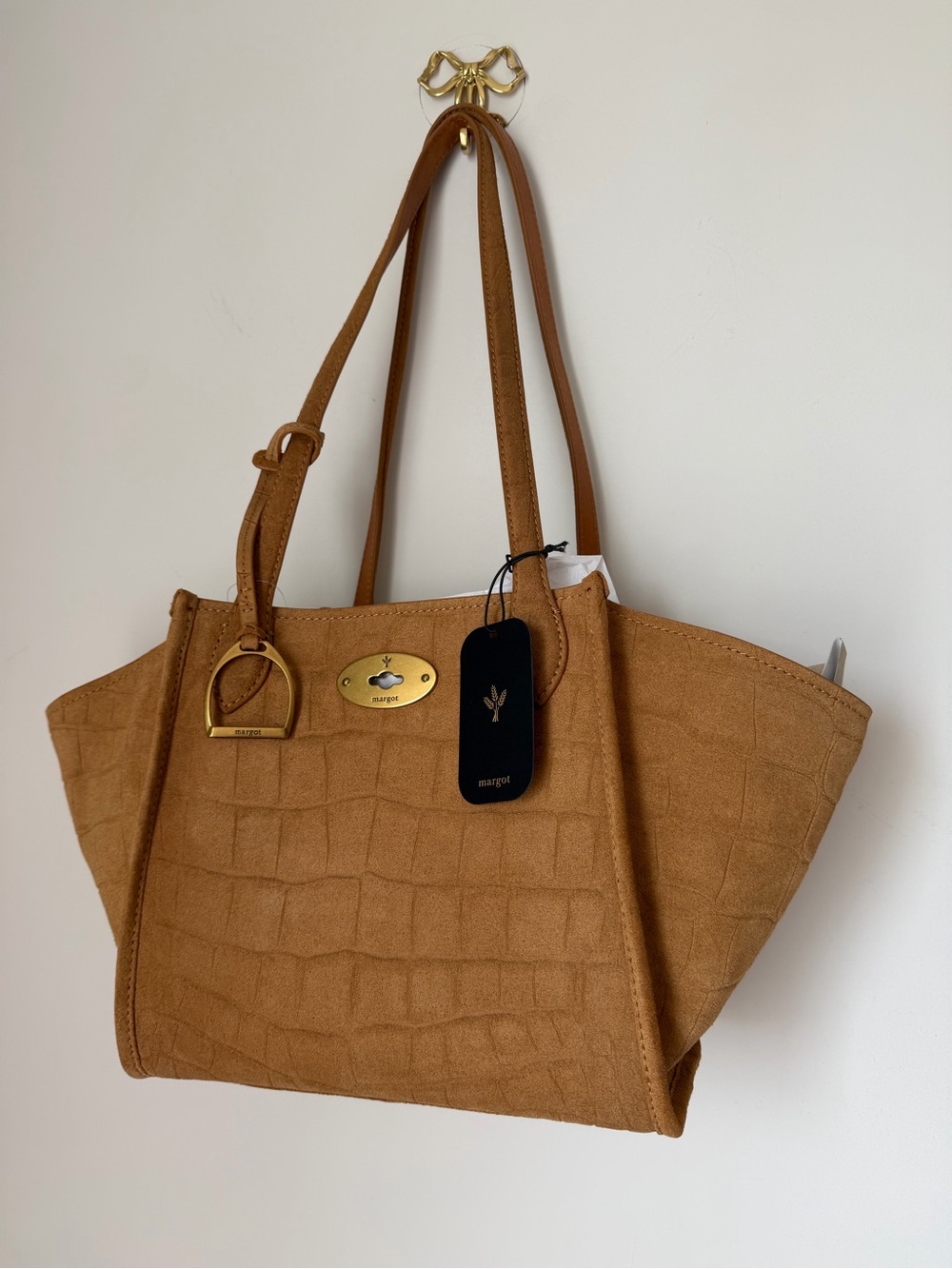 margot Camel suede Croc-Embossed Tote bag with Gold Hardware